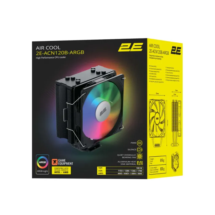 Protsessorli sovutgich 2E GAMING Air Cool ACN120B-ARGB, LGA1851, 1700, 1200, 115x, 1366, AM5, AM4, AM3, AM3+, 4pin PWM, 3pin +5VARGB, TDP 180W
