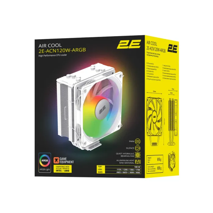 2E GAMING Air Cool protsessor sovutgichi ACN120W-ARGB, LGA1851, 1700, 1200, 115x, 1366, AM5, AM4, AM3, AM3+, AM2,AM2+, FM2, FM1 4 pin PWM, 3 pin +5VARGB, TDP 180W