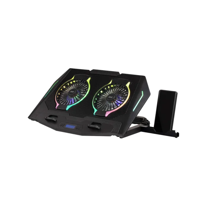 2E GAMING CPG-006 noutbuk uchun taglik, 17,3 dyuymgacha, 2xUSB-A, LCD/telefon ushlagichi, RGB, qora