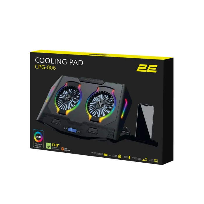 2E GAMING CPG-006 noutbuk uchun taglik, 17,3 dyuymgacha, 2xUSB-A, LCD/telefon ushlagichi, RGB, qora