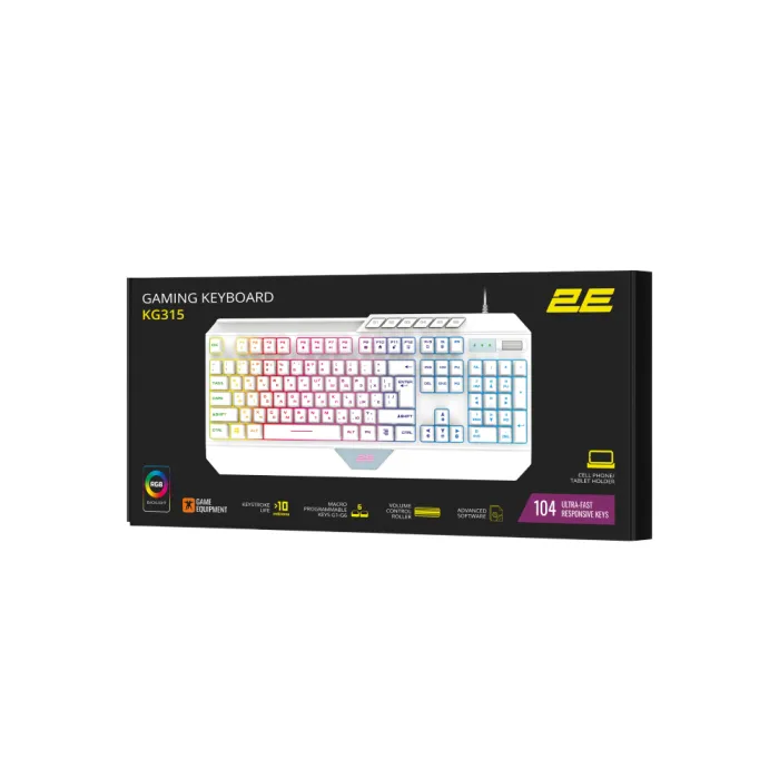 Клавиатура мембранная 2E GAMING KG315 110key, USB-A, EN/RU, RGB, белый