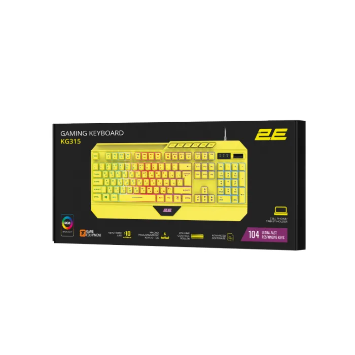 Membrana klaviaturasi 2E GAMING KG315 110key, USB-A, EN/RU, RGB, sariq