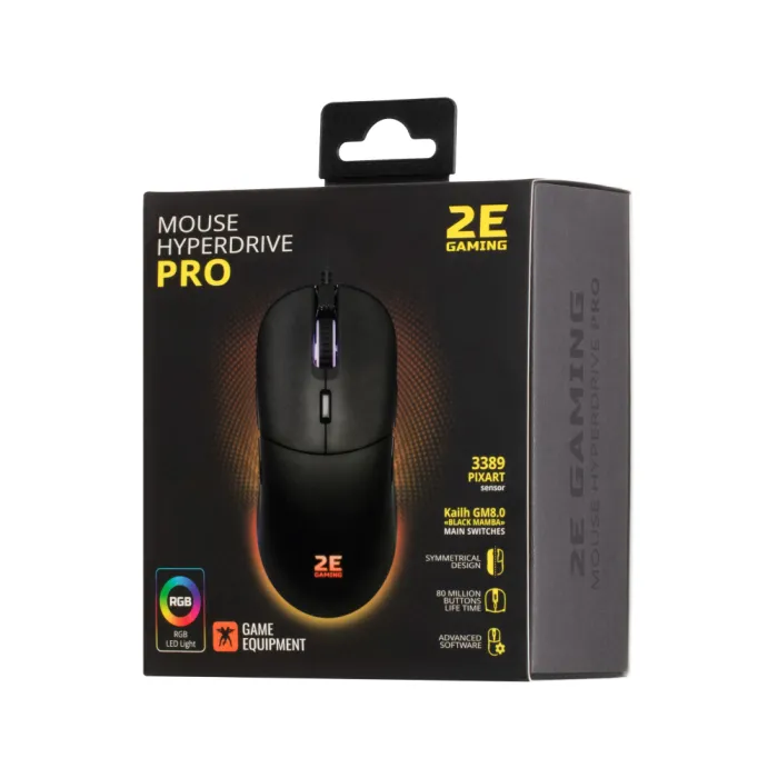 2E GAMING HyperDrive Pro sichqonchasi, RGB, USB-A, qora