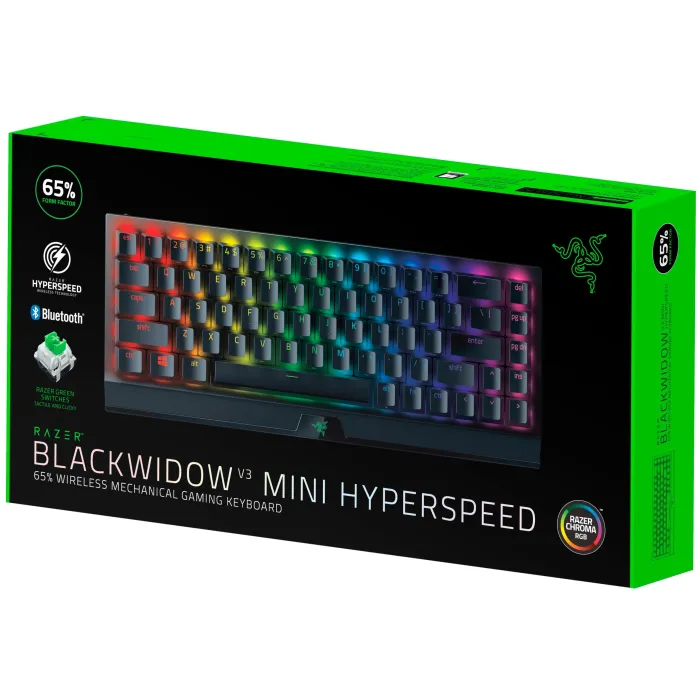Mexanik klaviatura Razer BlackWidow V3 Mini HyperSpeed 68key, Green Switch, USB-A/WL/BT, EN/RU, RGB, qora