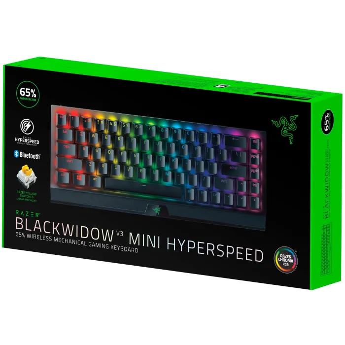 Клавиатура механическая Razer BlackWidow V3 Mini HyperSpeed 68key, Yellow Switch, USB-A/WL/BT, EN/RU, RGB, чёрный