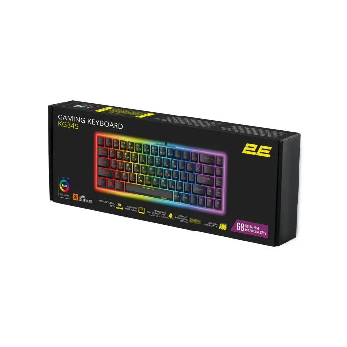 Membranali klaviatura 2E GAMING KG345 68key, USB-A, EN/UA/RU, RGB, shaffof