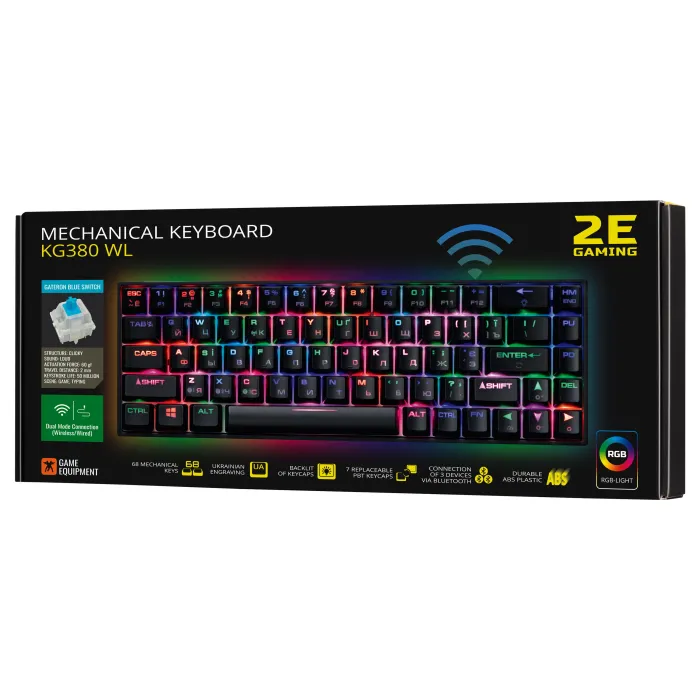 Mexanik klaviatura 2E GAMING KG380 68key, Gateron Blue Switch, USB-A/BT, EN/UA/RU, RGB, qora