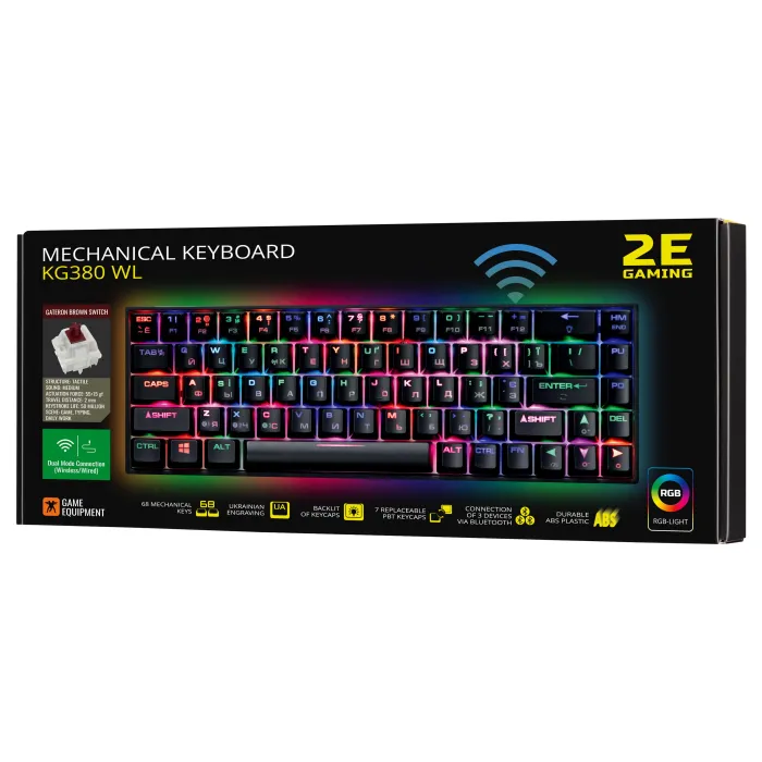 Mexanik klaviatura 2E GAMING KG380 68key, Gateron Brown Switch, USB-A/BT, EN/UA/RU, RGB, qora