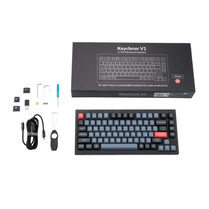 Mexanik klaviatura V1 84Key, K Pro Red, Hot-Swap, QMK, Knob, USB-A, EN/UKR, RGB, Frosted qora