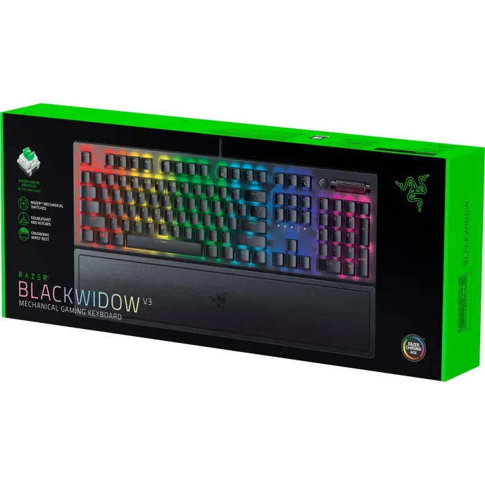 Klaviatura Razer BlackWidow V3 RGB 108key Green Switch USB/BT/WL EN, qora