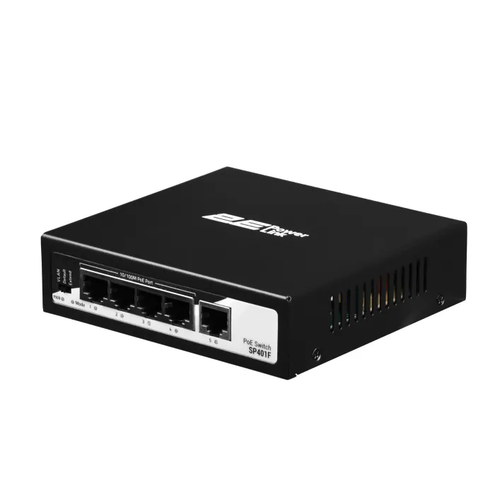 2E PowerLink SP401F 4xFE PoE+, 1xFE Uplink kommutatori, 55Vt, boshqarilmaydi