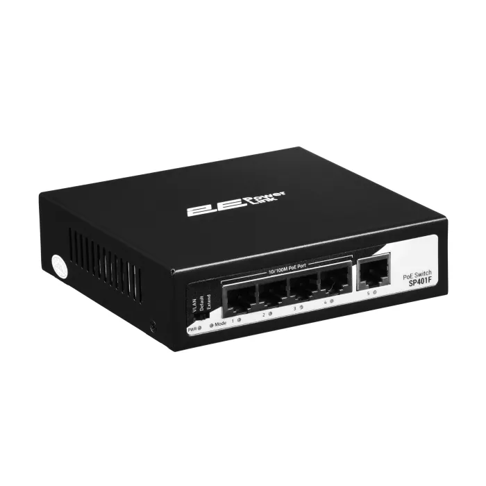2E PowerLink SP401F 4xFE PoE+, 1xFE Uplink kommutatori, 55Vt, boshqarilmaydi