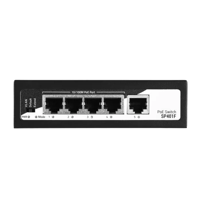 2E PowerLink SP401F 4xFE PoE+, 1xFE Uplink kommutatori, 55Vt, boshqarilmaydi