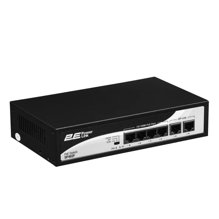 2E PowerLink SP402F 4xFE PoE+, 2xFE Uplink kommutatori, 55Vt, boshqarilmaydi