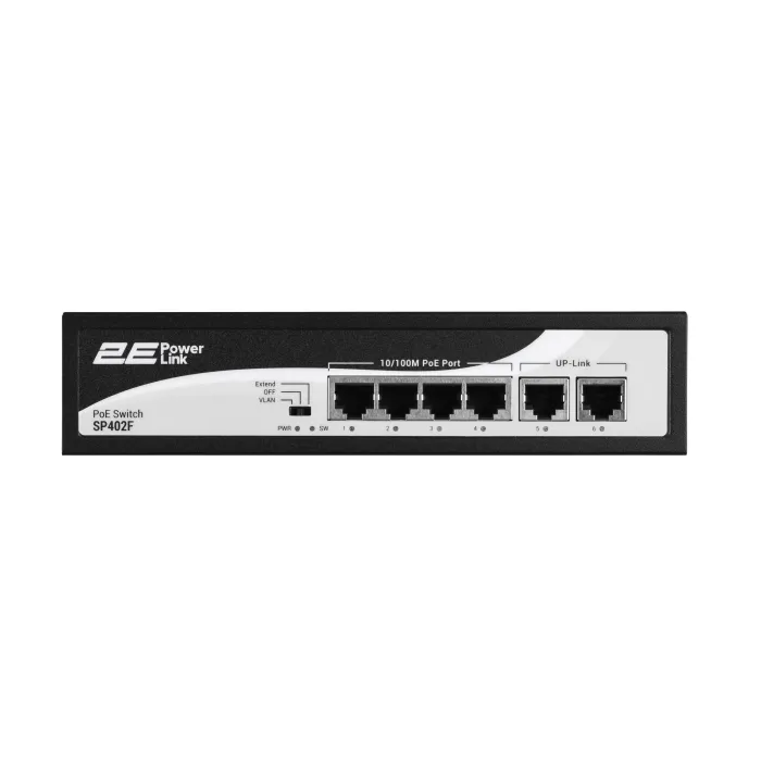2E PowerLink SP402F 4xFE PoE+, 2xFE Uplink kommutatori, 55Vt, boshqarilmaydi