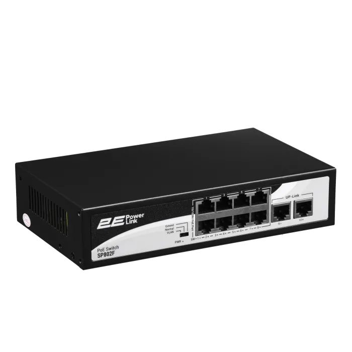 2E PowerLink SP802F 8xFE PoE+, 2xFE Uplink kommutatori, 96Vt, boshqarilmaydi