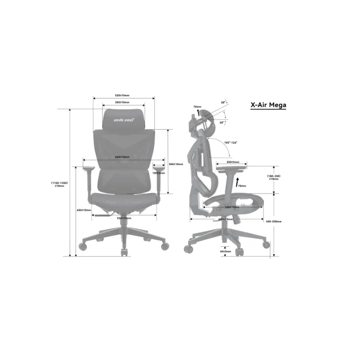 AndaSeat X-Air Mega o‘rindig‘i, to‘rli mato, 3D-Armrests, qora