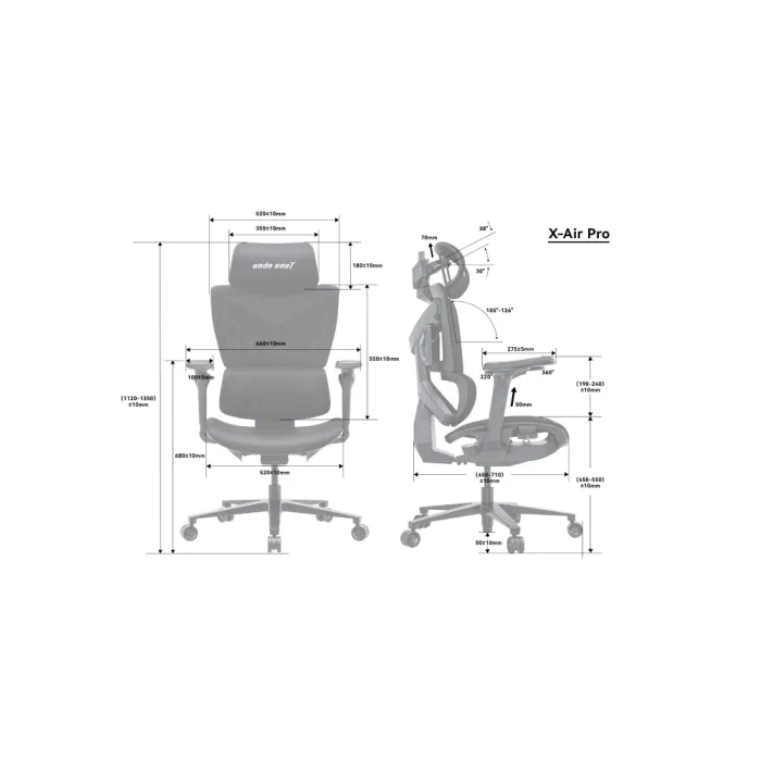 AndaSeat X-Air Pro XL o‘rindig‘i, to‘rli mato, 5D-Armrests, celeste